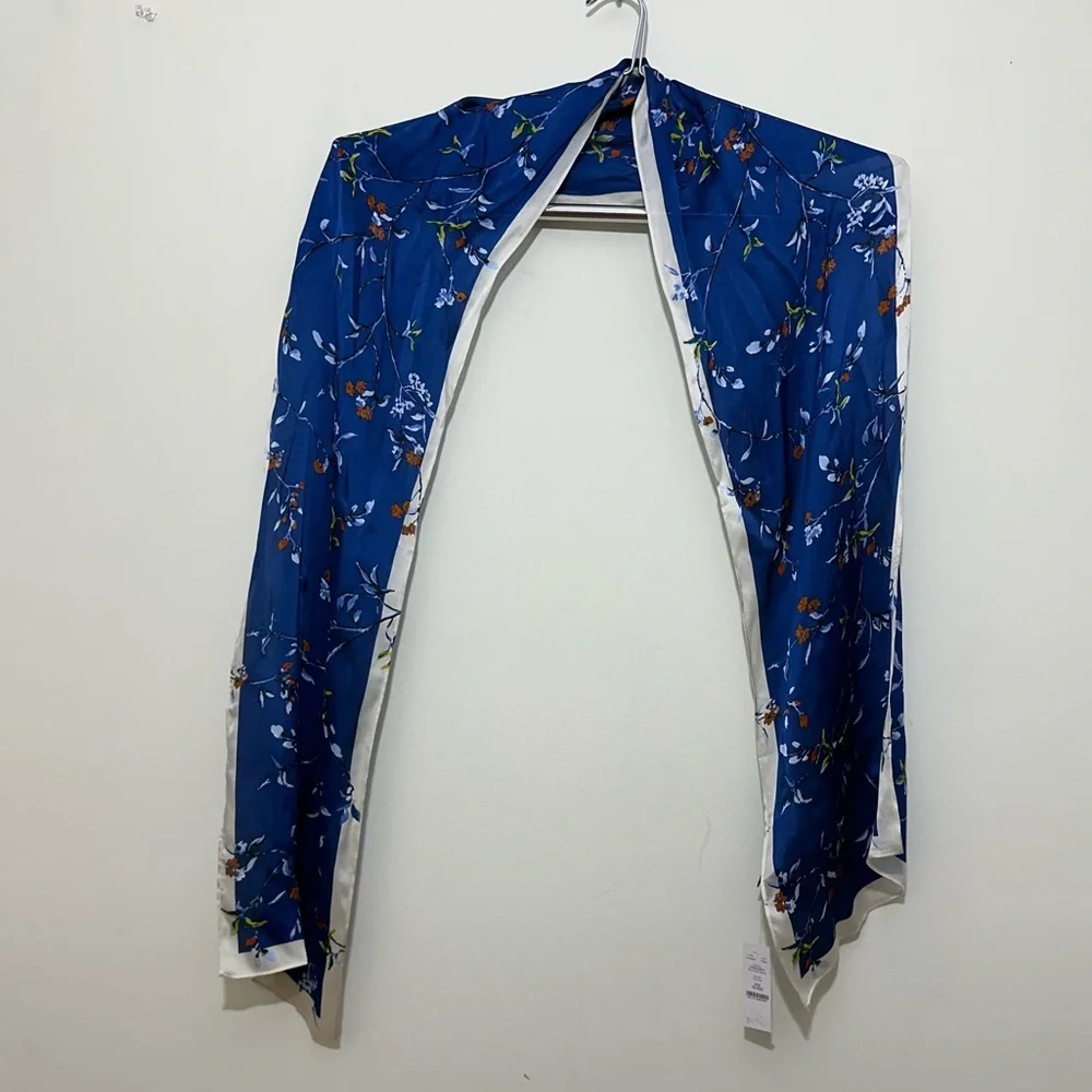 NWT White House Black Market blue floral 100% silk scarf 80”L x 12”W